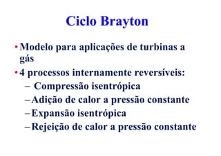 Ciclo BraytonCiclo Brayton
•Modelo para aplicações de turbinas a
gás
•4 processos internamente reversíveis:
– Compressão isentrópica
–Adição de calor a pressão constante
–Expansão isentrópica
–Rejeição de calor a pressão constante
 