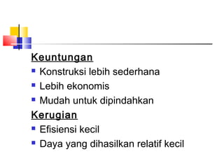 Keuntungan
 Konstruksi lebih sederhana

 Lebih ekonomis

 Mudah untuk dipindahkan

Kerugian
 Efisiensi kecil

 Daya yang dihasilkan relatif kecil
 