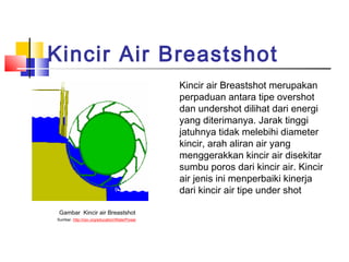 Kincir Air Breastshot
                                              Kincir air Breastshot merupakan
                                              perpaduan antara tipe overshot
                                              dan undershot dilihat dari energi
                                              yang diterimanya. Jarak tinggi
                                              jatuhnya tidak melebihi diameter
                                              kincir, arah aliran air yang
                                              menggerakkan kincir air disekitar
                                              sumbu poros dari kincir air. Kincir
                                              air jenis ini menperbaiki kinerja
                                              dari kincir air tipe under shot

 Gambar Kincir air Breastshot
Sumber. http://osv.org/education/WaterPower
 