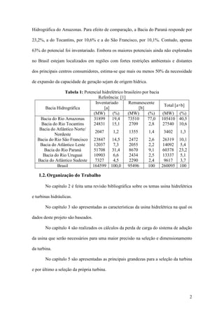 Hidrográfica do Amazonas. Para efeito de comparação, a Bacia do Paraná responde por
23,2%, a do Tocantins, por 10,6% e a do São Francisco, por 10,1%. Contudo, apenas
63% do potencial foi inventariado. Embora os maiores potenciais ainda não explorados
no Brasil estejam localizados em regiões com fortes restrições ambientais e distantes
dos principais centros consumidores, estima-se que mais ou menos 50% da necessidade
de expansão da capacidade de geração sejam de origem hídrica.
Tabela 1: Potencial hidrelétrico brasileiro por bacia
Referência: [1]
Inventariado
Remanescente
[a]
[b]
Bacia Hidrográfica
(MW)
(%)
(MW)
(%)
Bacia do Rio Amazonas
31899
19,4
73510
77,0
Bacia do Rio Tocantins
24831
15,1
2709
2,8
Bacia do Atlântico Norte/
2047
1,2
1355
1,4
Nordeste
Bacia do Rio São Francisco 23847
14,5
2472
2,6
Bacia do Atlântico Leste
12037
7,3
2055
2,2
Bacia do Rio Paraná
51708
31,4
8670
9,1
Bacia do Rio Uruguai
10903
6,6
2434
2,5
Bacia do Atlântico Sudeste
7327
4,5
2290
2,4
Brasil
164599 100,0
95496
100

Total [a+b]
(MW) (%)
105410 40,5
27540 10,6
3402

1,3

26319 10,1
14092 5,4
60378 23,2
13337 5,1
9617
3,7
260095 100

1.2. Organização do Trabalho
No capítulo 2 é feita uma revisão bibliográfica sobre os temas usina hidrelétrica
e turbinas hidráulicas.
No capítulo 3 são apresentadas as características da usina hidrelétrica na qual os
dados deste projeto são baseados.
No capítulo 4 são realizados os cálculos da perda de carga do sistema de adução
da usina que serão necessários para uma maior precisão na seleção e dimensionamento
da turbina.
No capítulo 5 são apresentadas as principais grandezas para a seleção da turbina
e por último a seleção da própria turbina.

2

 