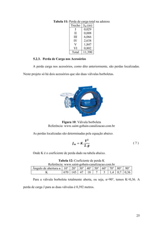 Tabela 11: Perda de carga total na adutora
Trecho JM (m)
I
0,029
II
0,008
III
6,066
IV
2,638
V
1,847
VI
0,802
Total 11,390
5.2.3. Perda de Carga nos Acessórios
A perda carga nos acessórios, como dito anteriormente, são perdas localizadas.
Neste projeto só há dois acessórios que são duas válvulas borboletas.

Figura 10: Válvula borboleta
Referência: www.saint-gobain-canalizacao.com.br
𝑽𝟐
𝟐. 𝒈

As perdas localizadas são determinadas pela equação abaixo.
𝑱 𝒎 = 𝑲.

(7)

Onde K é o coeficiente de perda dado na tabela abaixo.
Tabela 12: Coeficiente de perda K
Referência: www.saint-gobain-canalizacao.com.br
Ângulo de abertura α 10° 20° 30° 40° 50° 60° 70° 80° 90°
K
670 145 47 18
7
3 1,4 0,7 0,36
Para a válvula borboleta totalmente aberta, ou seja, α=90°, temos K=0,36. A
perda de carga J para as duas válvulas é 0,392 metros.

25

 