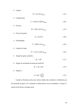 •

•

•

•

•

•

•

•

•

Largura:

Comprimento:

Excesso:

Excesso de gume:

Profundidade:

Largura do rasgo:

𝐵 = (2 𝑎 3). 𝑑0

𝑚á𝑥

𝐿 = (2,25 𝑎 2,28). 𝑑0
𝑀 = (0,5 𝑎 0,7). 𝑑0
𝑚 = 0,13. 𝐵

𝑇 = (0,8 𝑎 1). 𝑑0

𝑚á𝑥

𝑚á𝑥

( 46 )

( 47 )

( 48 )

𝑚á𝑥

𝑏 ′ = (1,2 𝑎 1,25). 𝑑0

Ângulo do gume central β1:

( 45 )

𝛽1 = 10°

𝑚á𝑥

( 49 )

( 50 )

( 51 )

Ângulo de inclinação da aresta da concha Φ:

Ângulo λ:

𝛷 = 15° 𝑎 25°

𝑈
𝜆 = tan−1 � �
𝑉0

( 52 )

( 53 )

Usando as fórmulas acima com valores médios das constantes e lembrando que
foi assumido β2 igual a 10°, montamos a tabela abaixo com os resultados e a Figura 17
mostra como ficaria o designe da pá.

44

 