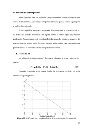8. Curvas de Desempenho
Neste capítulo o foco é a análise do comportamento da turbina através das suas
curvas de desempenho. Analisando o comportamento desta quando fora do regime para
o qual foi dimensionado.
Todos os gráficos a seguir foram gerados desconsiderando as perdas mecânicas,
de forma que quando trabalhando em regime normal a turbina opere em máximo
rendimento. Numa situação real considerando todas as perdas possíveis, as curvas de
desempenho não seriam muito diferentes das que serão geradas, por isso como uma
primeira análise os resultados obtidos a seguir são satisfatórios.

8.1. Força na Pá
No subitem determinamos através da equação a força na pá a qual está reescrita
abaixo:

𝑭 = 𝝆. 𝑸. (𝑽 𝟎 − 𝑼). [𝟏 + 𝒌. 𝐜𝐨𝐬(𝜷 𝟐 )]

( 68 )

Plotando a equação acima como função da velocidade periférica da roda
obtemos o seguinte gráfico:

Figura 27: Gráfico da força na pá em função da velocidade periférica da roda
57

 