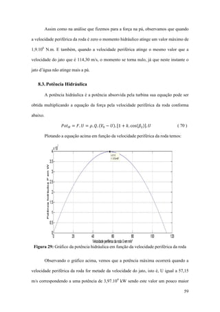 Assim como na análise que fizemos para a força na pá, observamos que quando
a velocidade periférica da roda é zero o momento hidráulico atinge um valor máximo de
1,9.106 N.m. E também, quando a velocidade periférica atinge o mesmo valor que a
velocidade do jato que é 114,30 m/s, o momento se torna nulo, já que neste instante o
jato d’água não atinge mais a pá.

8.3. Potência Hidráulica
A potência hidráulica é a potência absorvida pela turbina sua equação pode ser
obtida multiplicando a equação da força pela velocidade periférica da roda conforma
abaixo.

𝑃𝑜𝑡 𝐻 = 𝐹. 𝑈 = 𝜌. 𝑄. (𝑉0 − 𝑈). [1 + 𝑘. cos(𝛽2 )]. 𝑈

( 70 )

Plotando a equação acima em função da velocidade periférica da roda temos:

Figura 29: Gráfico da potência hidráulica em função da velocidade periférica da roda
Observando o gráfico acima, vemos que a potência máxima ocorrerá quando a
velocidade periférica da roda for metade da velocidade do jato, isto é, U igual a 57,15
m/s correspondendo a uma potência de 3,97.104 kW sendo este valor um pouco maior
59

 