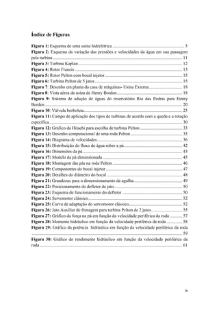 Índice de Figuras
Figura 1: Esquema de uma usina hidrelétrica ................................................................. 5
Figura 2: Esquema da variação das pressões e velocidades da água em sua passagem
pela turbina ..................................................................................................................... 11
Figura 3: Turbina Kaplan .............................................................................................. 12
Figura 4: Rotor Francis ................................................................................................. 13
Figura 5: Rotor Pelton com bocal injetor ...................................................................... 15
Figura 6: Turbina Pelton de 5 jatos ............................................................................... 15
Figura 7: Desenho em planta da casa de máquinas- Usina Externa .............................. 18
Figura 8: Vista aérea da usina de Henry Borden ........................................................... 18
Figura 9: Sistema de adução de águas do reservatório Rio das Pedras para Henry
Borden ............................................................................................................................ 20
Figura 10: Válvula borboleta ......................................................................................... 25
Figura 11: Campo de aplicação dos tipos de turbinas de acordo com a queda e a rotação
específica ........................................................................................................................ 30
Figura 12: Gráfico da Hitachi para escolha de turbina Pelton ...................................... 33
Figura 13: Desenho computacional de uma roda Pelton ............................................... 35
Figura 14: Diagrama de velocidades ............................................................................. 36
Figura 15: Distribuição do fluxo de água sobre a pá..................................................... 42
Figura 16: Dimensões da pá .......................................................................................... 43
Figura 17: Modelo da pá dimensionada ........................................................................ 45
Figura 18: Montagem das pás na roda Pelton ............................................................... 46
Figura 19: Componentes do bocal injetor ..................................................................... 47
Figura 20: Detalhes do diâmetro do bocal .................................................................... 48
Figura 21: Grandezas para o dimensionamento da agulha............................................ 49
Figura 22: Posicionamento do defletor de jato.............................................................. 50
Figura 23: Esquema de funcionamento do defletor ...................................................... 50
Figura 24: Servomotor clássico ..................................................................................... 52
Figura 25: Curva de adaptação do servomotor clássico ................................................ 52
Figura 26: Jato Auxiliar de frenagem para turbina Pelton de 2 jatos ............................ 55
Figura 27: Gráfico da força na pá em função da velocidade periférica da roda ........... 57
Figura 28: Momento hidráulico em função da velocidade periférica da roda .............. 58
Figura 29: Gráfico da potência hidráulica em função da velocidade periférica da roda
........................................................................................................................................ 59
Figura 30: Gráfico do rendimento hidráulico em função da velocidade periférica da
roda ................................................................................................................................. 61

ix

 