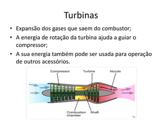 Turbinas
• Expansão dos gases que saem do combustor;
• A energia de rotação da turbina ajuda a guiar o
compressor;
• A sua energia também pode ser usada para operação
de outros acessórios.
 