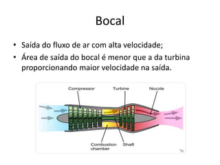 Bocal
• Saída do fluxo de ar com alta velocidade;
• Área de saída do bocal é menor que a da turbina
proporcionando maior velocidade na saída.
 