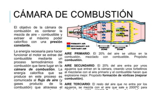 CÁMARA DE COMBUSTIÓN
El objetivo de la cámara de
combustión es contener la
mezcla de aire – combustible y
extraer el máximo poder
calorífico con una presión
constante.
La energía necesaria para hacer
funcionar el motor se extrae del
combustible mediante un
proceso termodinámico de
combustión que tiene lugar en la
cámara de combustión. La
energía calorífica que se
produce en este proceso es
comunicada al flujo de aire (y
gases producto de la
combustión) que atraviesa el
AIRE PRIMARIO: El 20% del aire se utiliza en la
combustión, mezclado con combustible. Propósito
combustión.
AIRE SECUNDARIO: El 20% del aire entra por unos
agujeros que entran en la cámara, creando unos torbellinos
al mezclarse con el aire primario y el combustible hacen que
explosione mejor. Propósito formación de vórtices (mejorar
combustión).
AIRE TERCIARIO: El resto del aire que no entra por los
agujeros, se mezcla con el aire que sale a 2000ºC para
 