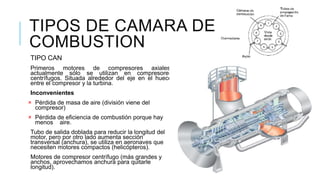 TIPOS DE CAMARA DE
COMBUSTION
TIPO CAN
Primeros motores de compresores axiales,
actualmente sólo se utilizan en compresores
centrífugos. Situada alrededor del eje en el hueco
entre el compresor y la turbina.
Inconvenientes
× Pérdida de masa de aire (división viene del
compresor)
× Pérdida de eficiencia de combustión porque hay
menos aire.
Tubo de salida doblada para reducir la longitud del
motor, pero por otro lado aumenta sección
transversal (anchura), se utiliza en aeronaves que
necesiten motores compactos (helicópteros).
Motores de compresor centrífugo (más grandes y
anchos, aprovechamos anchura para quitarle
longitud).
 
