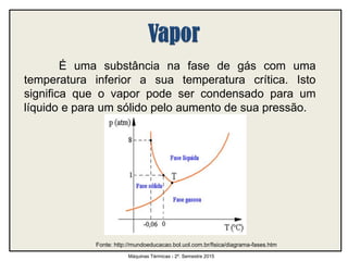 É uma substância na fase de gás com uma
temperatura inferior a sua temperatura crítica. Isto
significa que o vapor pode ser condensado para um
líquido e para um sólido pelo aumento de sua pressão.
Máquinas Térmicas - 2º. Semestre 2015
Fonte: http://mundoeducacao.bol.uol.com.br/fisica/diagrama-fases.htm
 