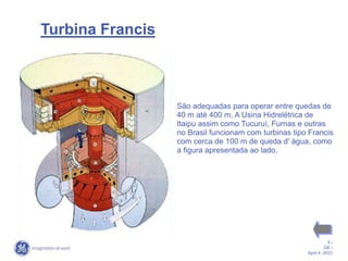 5 /
GE /
April 4, 2023
Turbina Francis
São adequadas para operar entre quedas de
40 m até 400 m. A Usina Hidrelétrica de
Itaipu assim como Tucuruí, Furnas e outras
no Brasil funcionam com turbinas tipo Francis
com cerca de 100 m de queda d' água, como
a figura apresentada ao lado.
 