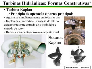 Prof. Dr. Emilio C. Nelli Silva
18
• Turbina Kaplan
• Princípio de operação e partes principais
Turbinas Hidráulicas: Formas Construtivas
Rotores
Kaplan
• Água atua simultaneamente em todas as pás
• Kaplan de eixo vertical: variação de 90o no
escoamento entre entrada do distribuidor e
entrada do rotor
• Bulbo: escoamento aproximadamente axial
Rotor
Andritz
 