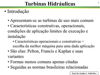 Prof. Dr. Emilio C. Nelli Silva
2
• Introdução
Turbinas Hidráulicas
• Apresentam-se as turbinas de uso mais comum
• Características construtivas, operacionais,
condições de aplicação limites de execução e
instalação
• Características operacionais e construtivas =
escolha da melhor máquina para uma dada aplicação
• São elas: Pelton, Francis e Kaplan e suas
variantes
• Formas menos comuns apenas citadas
• Seguidas as normas brasileiras relacionadas
 