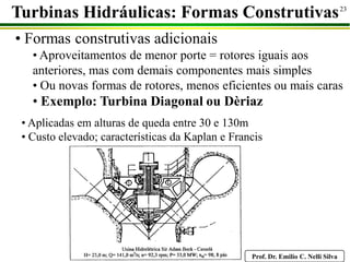 Prof. Dr. Emilio C. Nelli Silva
23
• Formas construtivas adicionais
• Aproveitamentos de menor porte = rotores iguais aos
anteriores, mas com demais componentes mais simples
• Ou novas formas de rotores, menos eficientes ou mais caras
• Exemplo: Turbina Diagonal ou Dèriaz
Turbinas Hidráulicas: Formas Construtivas
• Aplicadas em alturas de queda entre 30 e 130m
• Custo elevado; características da Kaplan e Francis
 