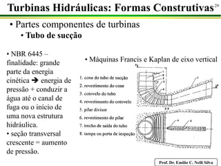 Prof. Dr. Emilio C. Nelli Silva
29
• Partes componentes de turbinas
• Tubo de sucção
Turbinas Hidráulicas: Formas Construtivas
• NBR 6445 –
finalidade: grande
parte da energia
cinética  energia de
pressão + conduzir a
água até o canal de
fuga ou o início de
uma nova estrutura
hidráulica.
• seção transversal
crescente = aumento
de pressão.
• Máquinas Francis e Kaplan de eixo vertical
 