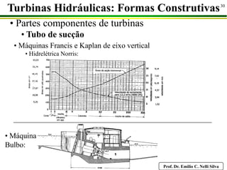 Prof. Dr. Emilio C. Nelli Silva
30
• Partes componentes de turbinas
• Tubo de sucção
Turbinas Hidráulicas: Formas Construtivas
• Máquinas Francis e Kaplan de eixo vertical
• Hidrelétrica Norris:
• Máquina
Bulbo:
 