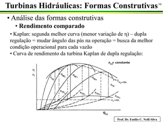 Prof. Dr. Emilio C. Nelli Silva
34
Turbinas Hidráulicas: Formas Construtivas
• Análise das formas construtivas
• Rendimento comparado
• Kaplan: segunda melhor curva (menor variação de η) – dupla
regulação = mudar ângulo das pás na operação = busca da melhor
condição operacional para cada vazão
• Curva de rendimento da turbina Kaplan de dupla regulação:
 