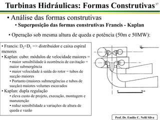 Prof. Dr. Emilio C. Nelli Silva
37
Turbinas Hidráulicas: Formas Construtivas
• Análise das formas construtivas
• Superposição das formas construtivas Francis - Kaplan
• Operação sob mesma altura de queda e potência (50m e 50MW):
• Francis: D2<D1 => distribuidor e caixa espiral
menores
• Kaplan: cubo: módulos de velocidade maiores =
• maior sensibilidade à ocorrência de cavitação =
maior submergência
• maior velocidade à saída do rotor = tubos de
sucção maiores
• Portanto (maiores submergências e tubos de
sucção) maiores volumes escavados
• Kaplan: dupla regulação
• eleva custo de projeto, execução, montagem e
manutenção
• reduz sensibilidade a variações de altura de
queda e vazão
 