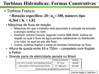 Prof. Dr. Emilio C. Nelli Silva
7
• Turbina Francis
• Rotação específica: 20 nq 100, número tipo
0,364 K 1,82
Turbinas Hidráulicas: Formas Construtivas
 
 
• Máquinas de fluxo de reação:
• Máquinas em que o trabalho está associado à variação de pressão
e energia cinética no rotor
• Exemplo: turbina Francis: segundo norma NBR 6445, turbina de
reação na qual o fluxo de água penetra radialmente no distribuidor
e no rotor, no qual as pás são fixas.
• Outros: turbinas Kaplan e todas as bombas hidráulicas de fluxo
• Altura de queda entre 45 e 750m – competem com Kaplan
e Pelton
• Grande parte da eletricidade gerada no Brasil
 