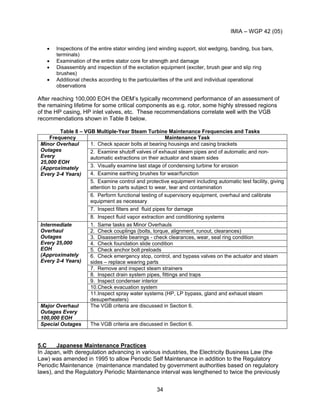 IMIA – WGP 42 (05)
34
• lnspections of the entire stator winding (end winding support, slot wedging, banding, bus bars,
terminals)
• Examination of the entire stator core for strength and damage
• Disassembly and inspection of the excitation equipment (exciter, brush gear and slip ring
brushes)
• Additional checks according to the particularities of the unit and individual operational
observations
After reaching 100,000 EOH the OEM’s typically recommend performance of an assessment of
the remaining lifetime for some critical components as e.g. rotor, some highly stressed regions
of the HP casing, HP inlet valves, etc. These recommendations correlate well with the VGB
recommendations shown in Table 8 below.
Table 8 – VGB Multiple-Year Steam Turbine Maintenance Frequencies and Tasks
Frequency Maintenance Task
1. Check spacer bolts at bearing housings and casing brackets
2. Examine shutoff valves of exhaust steam pipes and of automatic and non-
automatic extractions on their actuator and steam sides
3. Visually examine last stage of condensing turbine for erosion
4. Examine earthing brushes for wear/function
5. Examine control and protective equipment including automatic test facility, giving
attention to parts subject to wear, tear and contamination
6. Perform functional testing of supervisory equipment, overhaul and calibrate
equipment as necessary
7. Inspect filters and fluid pipes for damage
Minor Overhaul
Outages
Every
25,000 EOH
(Approximately
Every 2-4 Years)
8. Inspect fluid vapor extraction and conditioning systems
1. Same tasks as Minor Overhauls
2. Check couplings (bolts, torque, alignment, runout, clearances)
3. Disassemble bearings - check clearances, wear, seal ring condition
4. Check foundation slide condition
5. Check anchor bolt preloads
6. Check emergency stop, control, and bypass valves on the actuator and steam
sides – replace wearing parts
7. Remove and inspect steam strainers
8. Inspect drain system pipes, fittings and traps
9. Inspect condenser interior
10.Check evacuation system
Intermediate
Overhaul
Outages
Every 25,000
EOH
(Approximately
Every 2-4 Years)
11.Inspect spray water systems (HP, LP bypass, gland and exhaust steam
desuperheaters)
Major Overhaul
Outages Every
100,000 EOH
The VGB criteria are discussed in Section 6.
Special Outages The VGB criteria are discussed in Section 6.
5.C Japanese Maintenance Practices
In Japan, with deregulation advancing in various industries, the Electricity Business Law (the
Law) was amended in 1995 to allow Periodic Self Maintenance in addition to the Regulatory
Periodic Maintenance (maintenance mandated by government authorities based on regulatory
laws), and the Regulatory Periodic Maintenance interval was lengthened to twice the previously
 