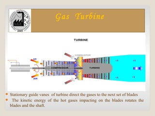 Gas Turbine
 Stationary guide vanes of turbine direct the gases to the next set of blades
 The kinetic energy of the hot gases impacting on the blades rotates the
blades and the shaft.
 