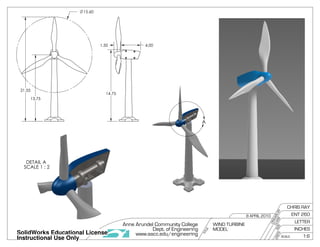 15.60
14.75
13.75
21.55
DETAIL A
SCALE 1 : 2
1.50 4.00
UNITS
CLASS
DRAW
NBY
SIZE
www.aacc.edu/engineering
TITLE
Anne Arundel Community College
Dept. of Engineering
SCALE
8 APRIL 2010
INCHES
ENT 260
LETTER
CHRIS RAY
WIND TURBINE
MODEL
1:6
A
SolidWorks Educational License
Instructional Use Only
 