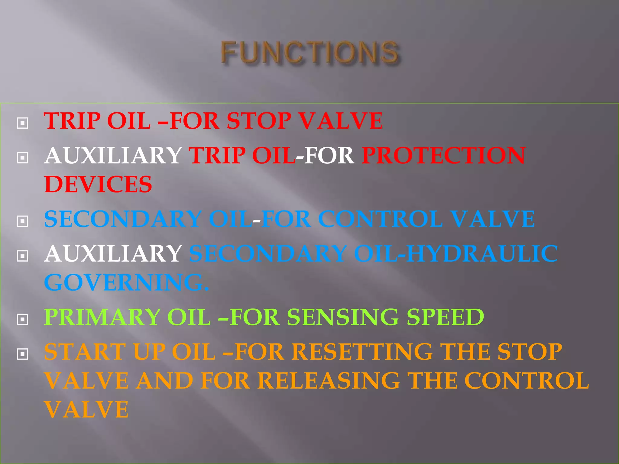  TRIP OIL –FOR STOP VALVE
 AUXILIARY TRIP OIL-FOR PROTECTION
DEVICES
 SECONDARY OIL-FOR CONTROL VALVE
 AUXILIARY SECONDARY OIL-HYDRAULIC
GOVERNING.
 PRIMARY OIL –FOR SENSING SPEED
 START UP OIL –FOR RESETTING THE STOP
VALVE AND FOR RELEASING THE CONTROL
VALVE
 