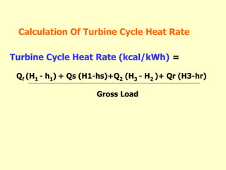 Turbine Cycle Heat Rate (kcal/kWh) =
Qf (H1 - h1) + Qs (H1-hs)+Q2 (H3 - H2 )+ Qr (H3-hr)
Gross Load
Calculation Of Turbine Cycle Heat Rate
 