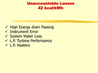 Unaccountable Losses
42 kcal/kWh
 High Energy drain Passing
 Instrument Error
 System Water Loss
 L.P. Turbine Performance
 L.P. Heaters
 