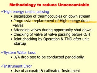 Methodology to reduce Unaccountable
High energy drains passing
• Installation of thermocouples on down stream
• Progressive replacement of High energy drain
valves
• Attending valves during opportunity shut down.
• Checking of valve of valve passing before O/H
• Joint checking by Operation & TMD after unit
startup
System Water Loss
• D/A drop test to be conducted periodically.
Instrument Error
• Use of accurate & calibrated Instrument
 