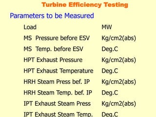 Parameters to be Measured
Load MW
MS Pressure before ESV Kg/cm2(abs)
MS Temp. before ESV Deg.C
HPT Exhaust Pressure Kg/cm2(abs)
HPT Exhaust Temperature Deg.C
HRH Steam Press bef. IP Kg/cm2(abs)
HRH Steam Temp. bef. IP Deg.C
IPT Exhaust Steam Press Kg/cm2(abs)
IPT Exhaust Steam Temp. Deg.C
Turbine Efficiency Testing
 