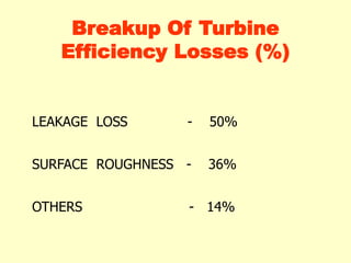LEAKAGE LOSS - 50%
SURFACE ROUGHNESS - 36%
OTHERS - 14%
Breakup Of Turbine
Efficiency Losses (%)
 