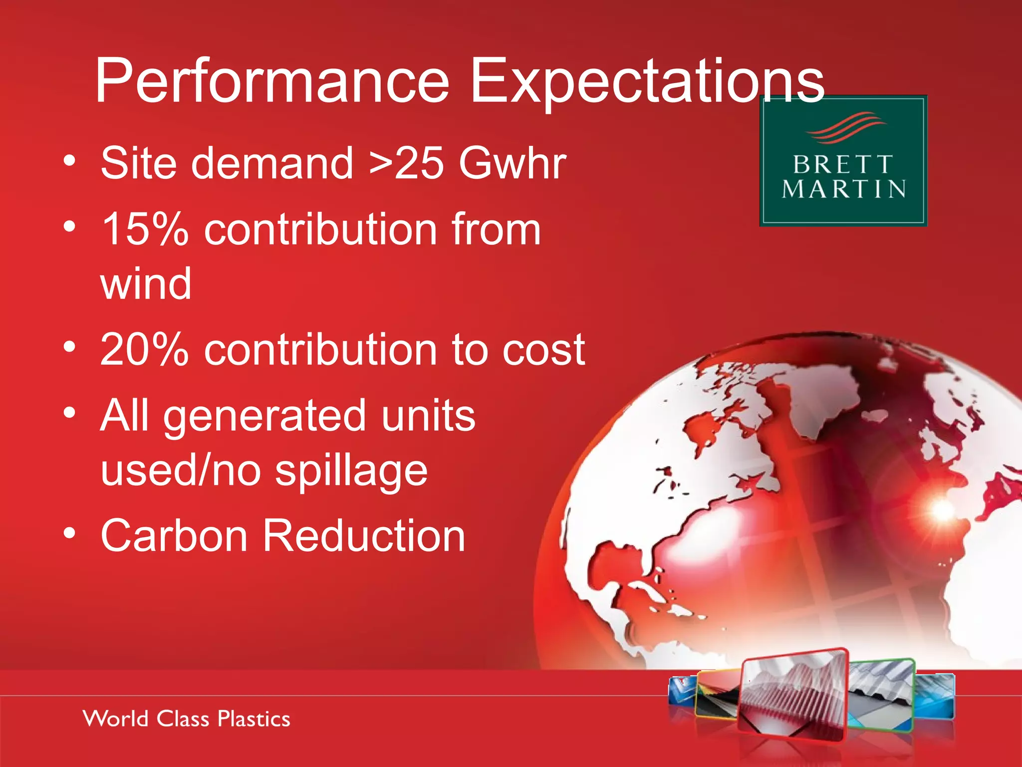 Performance Expectations
• Site demand >25 Gwhr
• 15% contribution from
  wind
• 20% contribution to cost
• All generated units
  used/no spillage
• Carbon Reduction
 