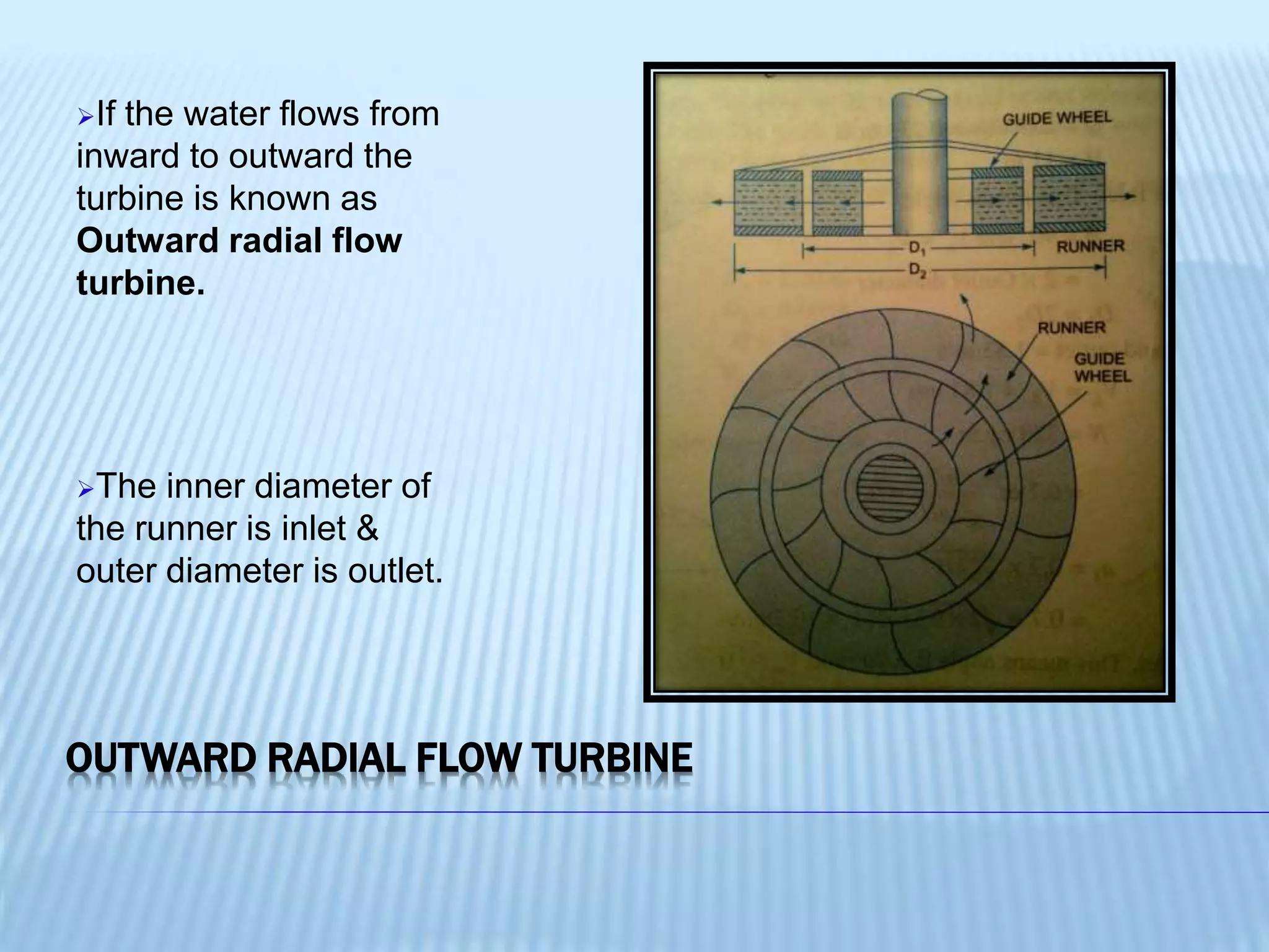 OUTWARD RADIAL FLOW TURBINE
If the water flows from
inward to outward the
turbine is known as
Outward radial flow
turbine.
The inner diameter of
the runner is inlet &
outer diameter is outlet.
 