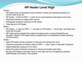HP Heater Level High
Cause :-
 HP heater drain to Deaerator level controller is faulty (not operating properly) or
control valve stuck-up.
 HP heater - 2 drain to HPH - 1 valve do not open/operate particularly at low load.
 Deaerator pressure is higher than normal.
 Inadequate extraction pressure to HP heater.
 Tube failure In HP heater
Effect :-
 HP heater – 2 drain to HPH – 1 will open on HP heater – 1 level high (provided inter
locks are through).
 HP heater gat by passed from water and steam side on auto (if interlocks are
through). If level in HP heater build up rapidly there is a possibility of water entering
into the turbine.
Action :-
 Take HP heater’s level controller on manual and maintain the level.
 Check the operation of heater’s drain to HPH - 1 valve. Open it manually if required.
 Adjust Deaerator pressure if it is more.
 Adjust the steam extraction pressure if valves are throttle open them.
 By pass HP heaters manually if level is very high and are not getting by passed
automatically, and ensure has opened.
 