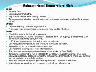 Exhaust Hood Temperature High
Cause :-
 Vacuum falls.
 Cooling water Pump trip.
 High steam temperature during cold start up.
 Turbine running at rated rpm without synchronizing/or running at low load for a longer
period.
Effect :-
 Expansion will go towards negative side.
 Prolonged high exhaust hood temperature may lead to vibration.
Action :-
 Check the reason for the fall in vacuum.
 Start stand by C.W. pump if available. (Restore the C. W. supply). Start second C.W.
pump if unit is running at higher load.
 H. P. drains to condenser hot well should be reduced.
 Control system temperature and pressure during the cold start.
 If possible, synchronize and load the machine
 Control gland steam pressure and temperature.
 Start make up water spray in condenser. (Start make up from TOP).
 If machine is required to run at 3000 RPM (or at lower load) for a longer time, take
following necessary action to control the exhaust hood temperature (make-up) surplus
can be establish to check temp rise.
 Keep the vacuum as high as possible (by keeping 2 ejection in service).
 Keep steam temperature and pressure in unit, do not allow to rise.
 