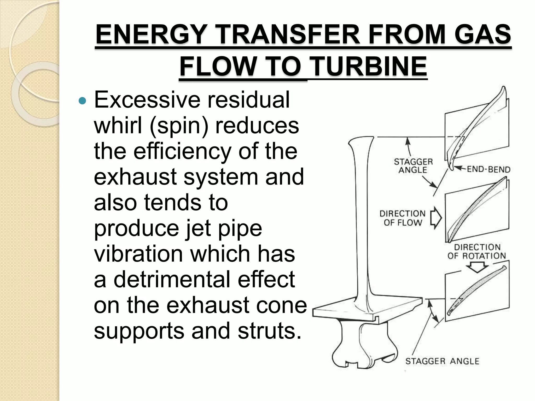 ENERGY TRANSFER FROM GAS
FLOW TO TURBINE
 Excessive residual
whirl (spin) reduces
the efficiency of the
exhaust system and
also tends to
produce jet pipe
vibration which has
a detrimental effect
on the exhaust cone
supports and struts.
 