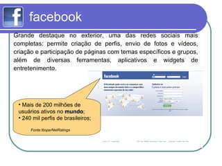 facebook Grande destaque no exterior, uma das redes sociais mais completas: permite criação de perfis, envio de fotos e vídeos, criação e participação de páginas com temas específicos e grupos, além de diversas ferramentas, aplicativos e widgets de entretenimento. Mais de 200 milhões de usuários ativos no  mundo ; 240 mil perfis de brasileiros; Fonte:Ibope/NetRatings 
