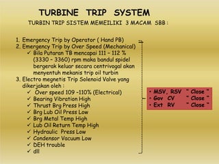 1. Emergency Trip by Operator ( Hand PB)
2. Emergency Trip by Over Speed (Mechanical)
 Bila Putaran TB mencapai 111 – 112 %
(3330 – 3360) rpm maka bandul spidel
bergerak keluar secara centrivogal akan
menyentuh mekanis trip oil turbin
3. Electro megnetis Trip Solenoid Valve yang
dikerjakan oleh :
 Over speed 109 –110% (Electrical)
 Bearing Vibration High
 Thrust Brg Press High
 Brg Lub Oil Press Low
 Brg Metal Temp High
 Lub Oil Return Temp High
 Hydraulic Press Low
 Condensor Vacuum Low
 DEH trouble
 dll
• MSV, RSV “ Close “
• Gov CV “ Close “
• Ext RV “ Close “
TURBINE TRIP SYSTEM
TURBIN TRIP SISTEM MEMEILIKI 3 MACAM SBB :
 