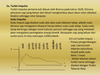 5a. Turbin Impulse
Turbin impulse pertama kali dibuat oleh Branca pada tahun 1629, Dimana
pancaran uap yang keluar dari Nosel menghembus daun-daun rotor (disebut
blades) sehingga rotor berputar.
nosel
sudu-
gerak
sudu-
gerak
sudu-
diam
sudu-
gerak
sudu-diam
v
P
v
P
Sudu Impulse
Sudu impuls juga disebut sudu aksi atau sudu tekanan tetap, adalah sudu
dimana uap mengalami ekspansi hanya dalam sudu-sudu tetap. Sudu-sudu
tetap berfungsi sebagai nosel (saluran pancar) sehingga uap yang melewati
akan mengalami peningkatan energi kinetik. Kecepatan uap yang keluar dari
turbin jenis ini bisa mencapai 1200m/detik.
Ciri-ciri turbin impuls :
- Proses pengembangan
uap / penurunan
tekanan seluruhnya
terjadi pada sudu
diam / nosel.
- Akibat tekanan dalam
turbin sama sehingga
disebut dengan Turbin
Tekanan Rata.
 