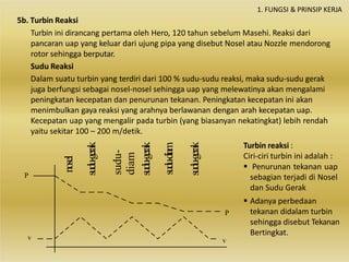 5b. Turbin Reaksi
1. FUNGSI & PRINSIP KERJA
nosel
sudu-gerak
sudu-gerak
sudu-
diam
sudu-gerak
sudu-diam
v
v
P
P
Turbin ini dirancang pertama oleh Hero, 120 tahun sebelum Masehi. Reaksi dari
pancaran uap yang keluar dari ujung pipa yang disebut Nosel atau Nozzle mendorong
rotor sehingga berputar.
Sudu Reaksi
Dalam suatu turbin yang terdiri dari 100 % sudu-sudu reaksi, maka sudu-sudu gerak
juga berfungsi sebagai nosel-nosel sehingga uap yang melewatinya akan mengalami
peningkatan kecepatan dan penurunan tekanan. Peningkatan kecepatan ini akan
menimbulkan gaya reaksi yang arahnya berlawanan dengan arah kecepatan uap.
Kecepatan uap yang mengalir pada turbin (yang biasanyan nekatingkat) lebih rendah
yaitu sekitar 100 – 200 m/detik.
Turbin reaksi :
Ciri-ciri turbin ini adalah :
 Penurunan tekanan uap
sebagian terjadi di Nosel
dan Sudu Gerak
 Adanya perbedaan
tekanan didalam turbin
sehingga disebut Tekanan
Bertingkat.
 