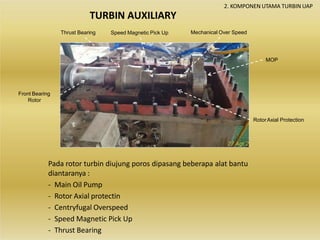 TURBIN AUXILIARY
Pada rotor turbin diujung poros dipasang beberapa alat bantu
diantaranya :
- Main Oil Pump
- Rotor Axial protectin
- Centryfugal Overspeed
- Speed Magnetic Pick Up
- Thrust Bearing
2. KOMPONEN UTAMA TURBIN UAP
MOP
RotorAxial Protection
Thrust Bearing Speed Magnetic Pick Up Mechanical Over Speed
Front Bearing
Rotor
 