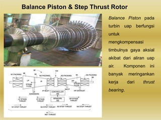 Balance Piston & Step Thrust Rotor
Balance Piston pada
turbin uap berfungsi
untuk
mengkompensasi
timbulnya gaya aksial
akibat dari aliran uap
air. Komponen ini
banyak meringankan
kerja dari thrust
bearing.
 