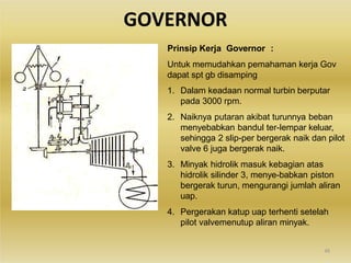 GOVERNOR
Prinsip Kerja Governor :
Untuk memudahkan pemahaman kerja Gov
dapat spt gb disamping
48
1. Dalam keadaan normal turbin berputar
pada 3000 rpm.
2. Naiknya putaran akibat turunnya beban
menyebabkan bandul ter-lempar keluar,
sehingga 2 slip-per bergerak naik dan pilot
valve 6 juga bergerak naik.
3. Minyak hidrolik masuk kebagian atas
hidrolik silinder 3, menye-babkan piston
bergerak turun, mengurangi jumlah aliran
uap.
4. Pergerakan katup uap terhenti setelah
pilot valvemenutup aliran minyak.
7
 