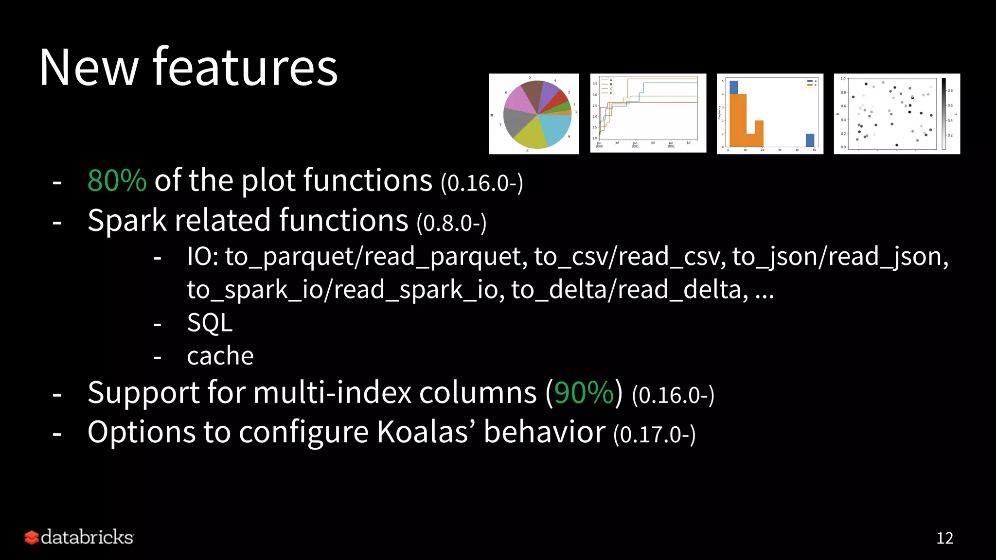 New features
- 80% of the plot functions (0.16.0-)
- Spark related functions (0.8.0-)
- IO: to_parquet/read_parquet, to_csv/read_csv, to_json/read_json,
to_spark_io/read_spark_io, to_delta/read_delta, ...
- SQL
- cache
- Support for multi-index columns (90%) (0.16.0-)
- Options to configure Koalas’ behavior (0.17.0-)
12
 