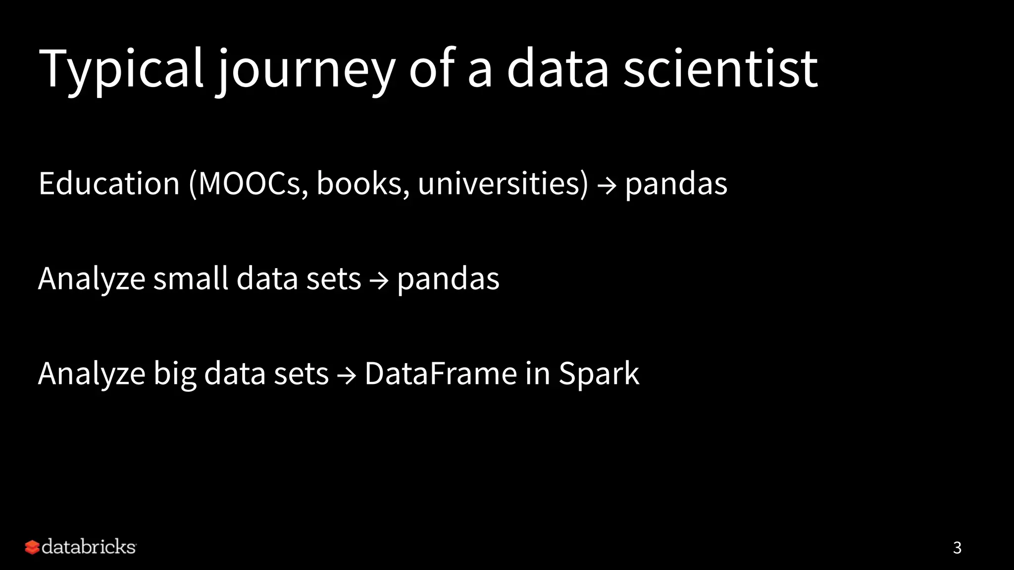 Typical journey of a data scientist
Education (MOOCs, books, universities) → pandas
Analyze small data sets → pandas
Analyze big data sets → DataFrame in Spark
3
 