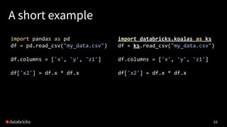 A short example
10
import pandas as pd
df = pd.read_csv("my_data.csv")
df.columns = ['x', 'y', 'z1']
df['x2'] = df.x * df....
