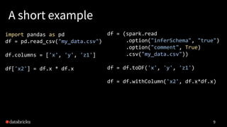A short example
9
import pandas as pd
df = pd.read_csv("my_data.csv")
df.columns = ['x', 'y', 'z1']
df['x2'] = df.x * df.x...