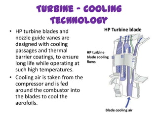 Turbine - Cooling
             Technology
• HP turbine blades and                     HP Turbine blade
  nozzle guide vanes are
  designed with cooling
  passages and thermal            HP turbine
  barrier coatings, to ensure     blade cooling
                                  flows
  long life while operating at
  such high temperatures.
• Cooling air is taken from the
  compressor and is fed
  around the combustor into
  the blades to cool the
  aerofoils.
                                             Blade cooling air
 