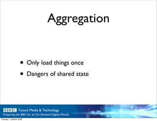 Aggregation


                    • Only load things once
                    • Dangers of shared state


Tuesday, 7 Octob...